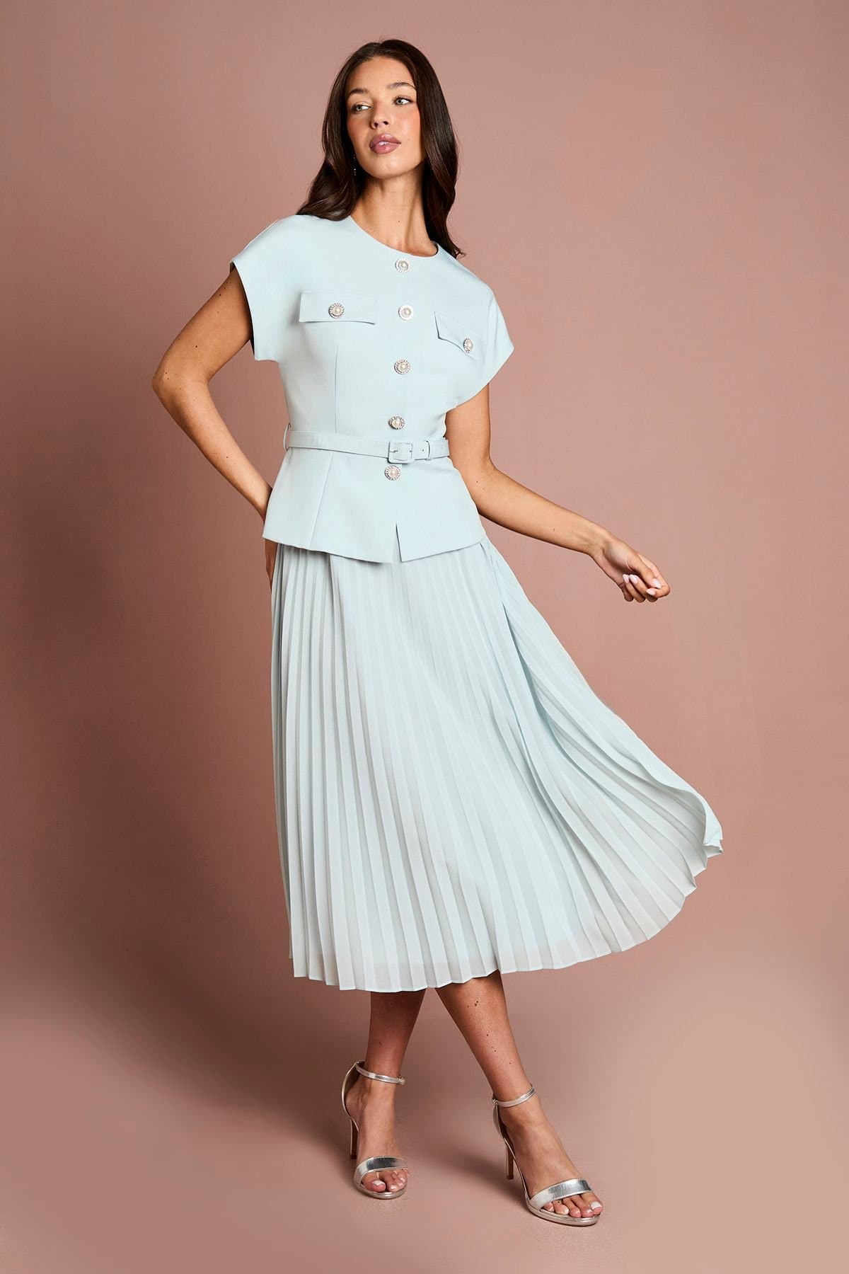 Coast Coast Women's Pearl Button Tailored Bodice With Pleated Skirt Midi Dress in Duck Egg