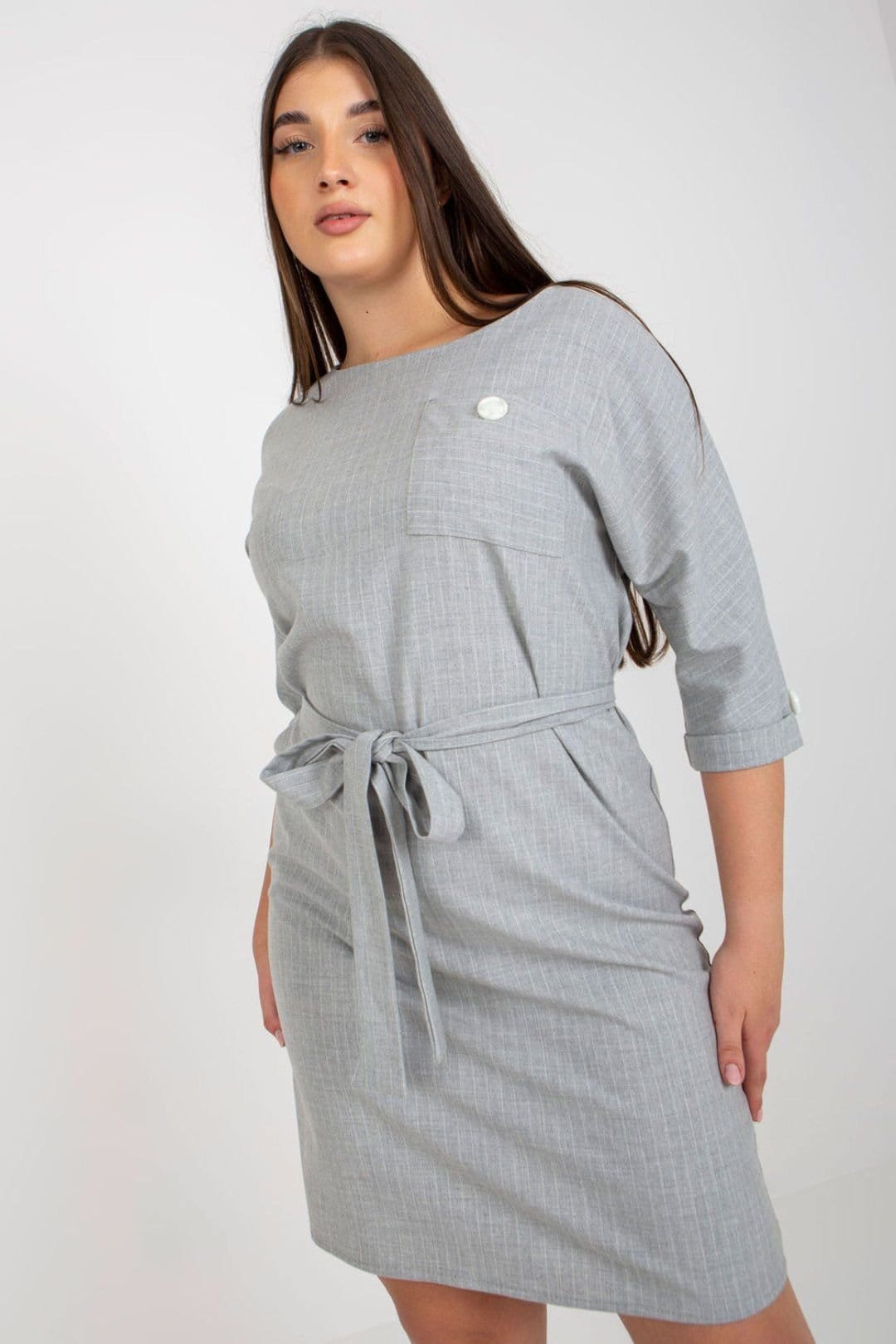Love Lace Plus Size Grey Striped Pencil Dress with Tie Belt