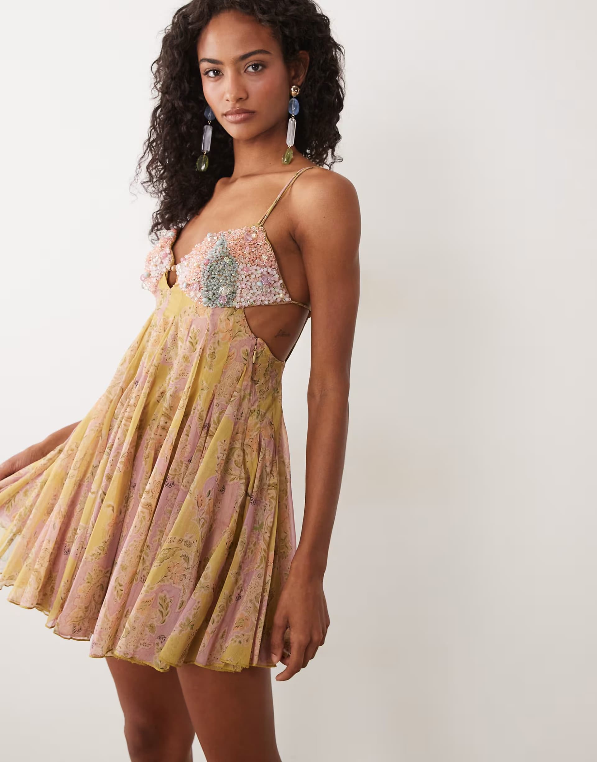 ASOS ASOS DESIGN embellished bust cami cut out mini dress in yellow paisley print