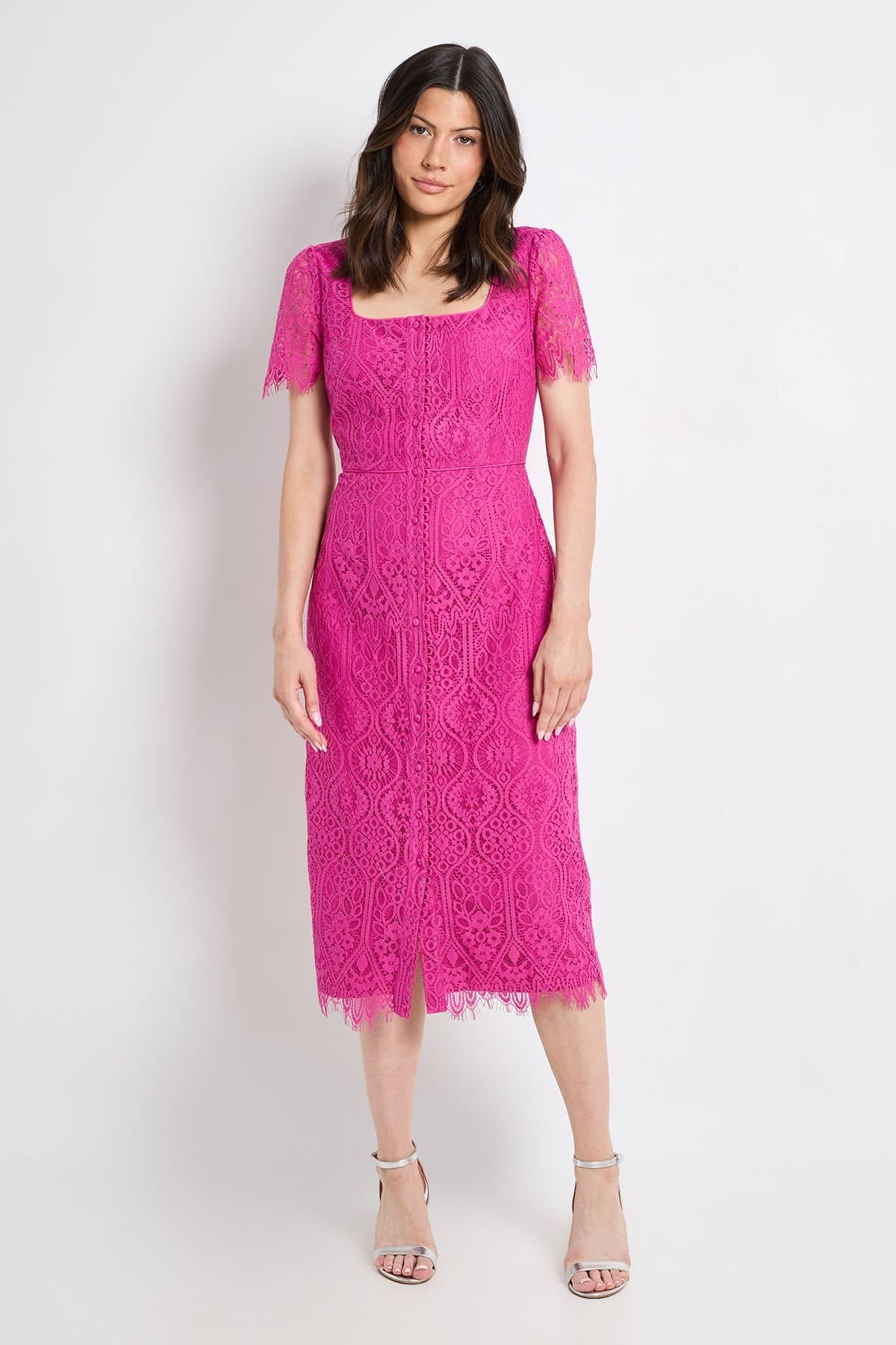 Wallis Wallis Women's Lace Button Midi Dress in Pink