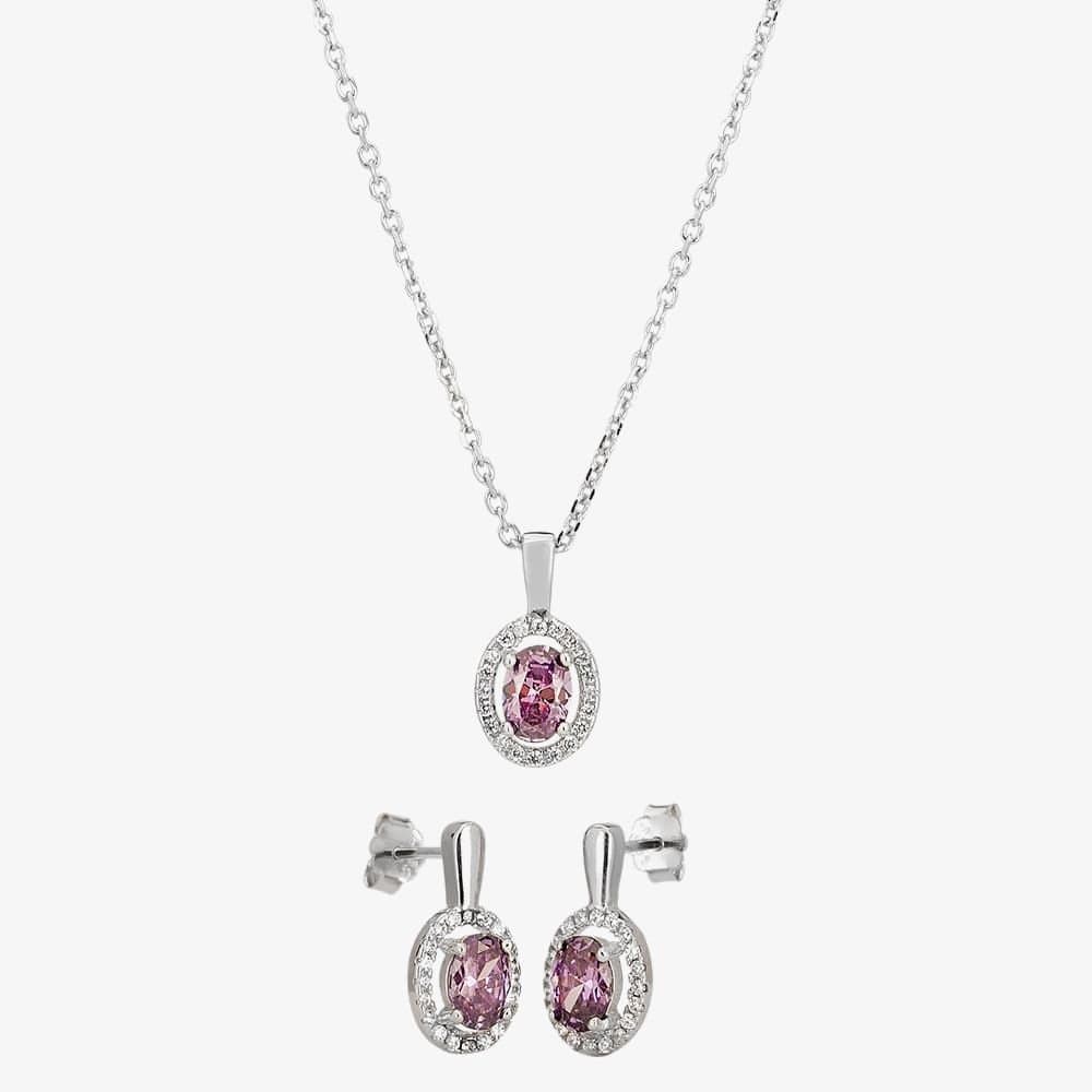 T.H.Baker T.H.Baker Women's Silver Lilac Cubic Zirconia Oval Pendant & Dropper Earring Set SET9649 in Purple