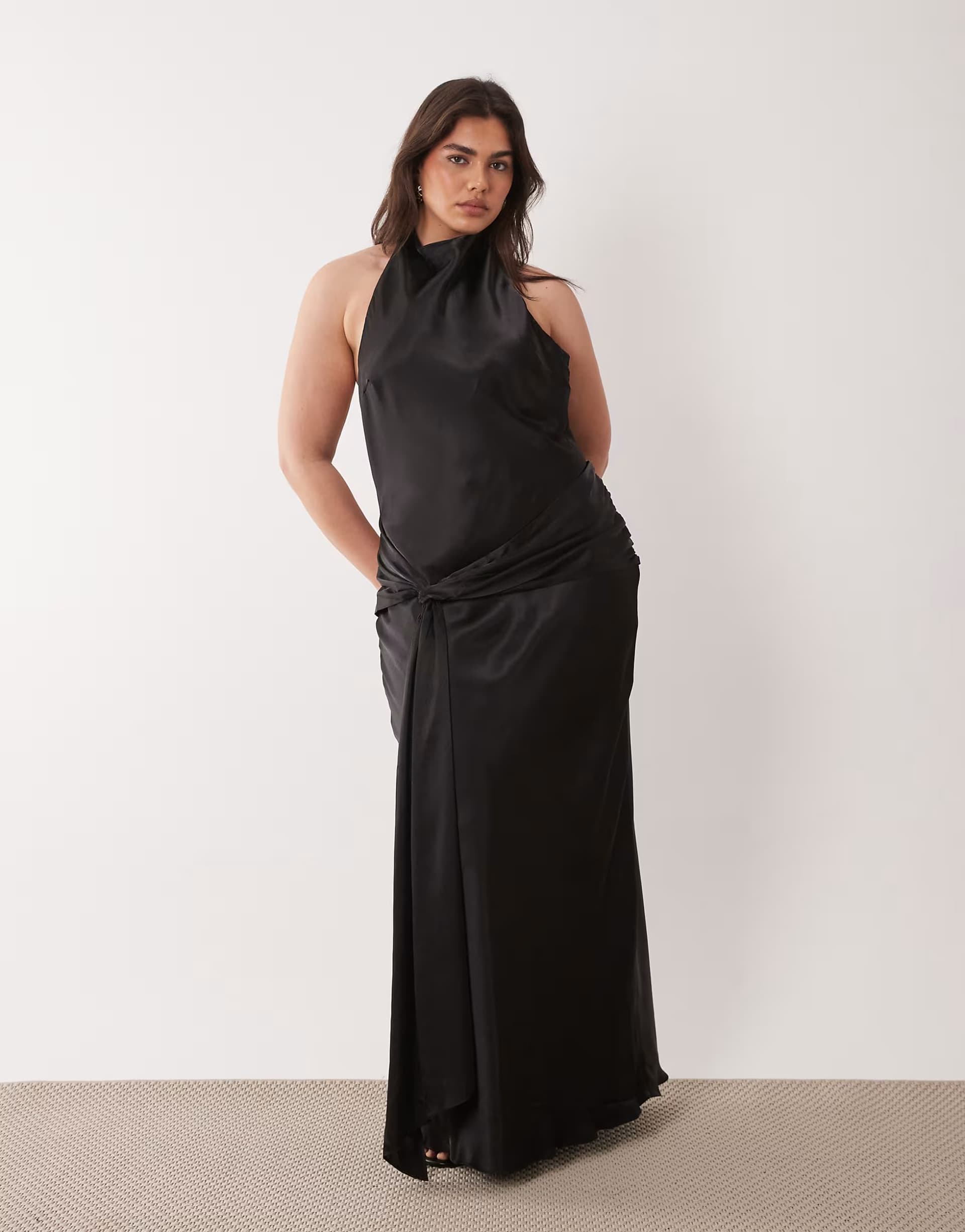 ASOS Forever New Curve halter satin maxi dress with knot front detail in black