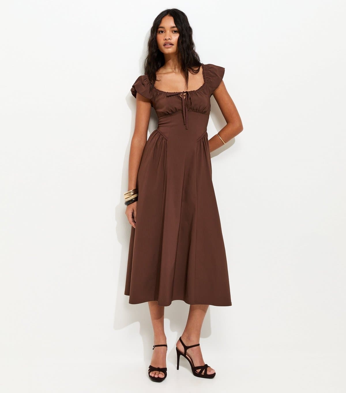 New Look Women's Dark Brown Lace Trim Milkmaid Midi Dress New Look
