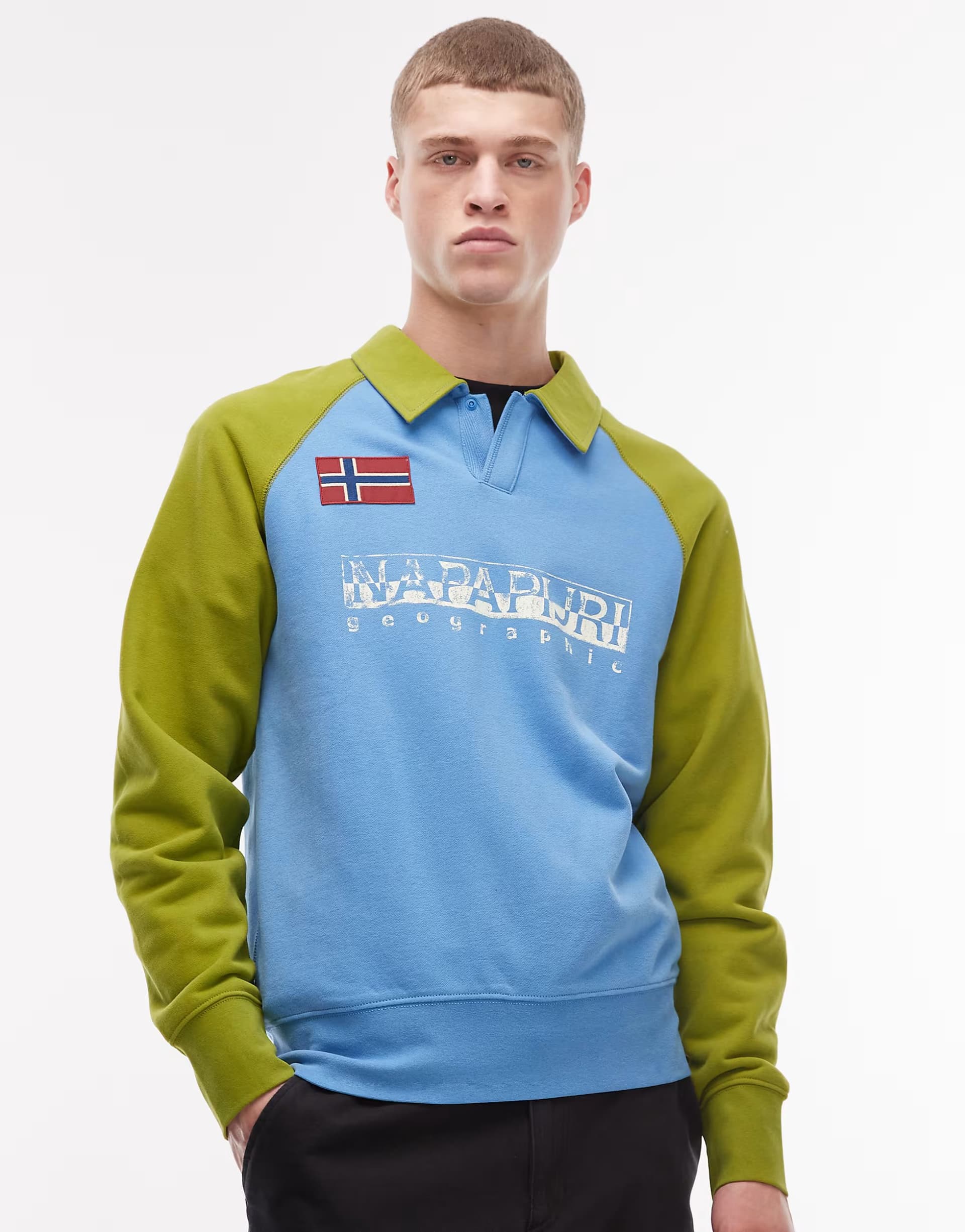 ASOS Napapijri logo long sleeve polo shirt in blue and green