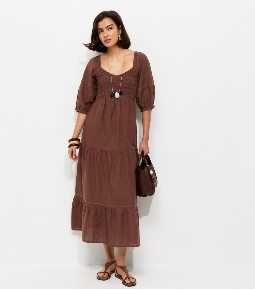 New Look Women's Dark Brown Shirred Milkmaid Midi Dress New Look - 1