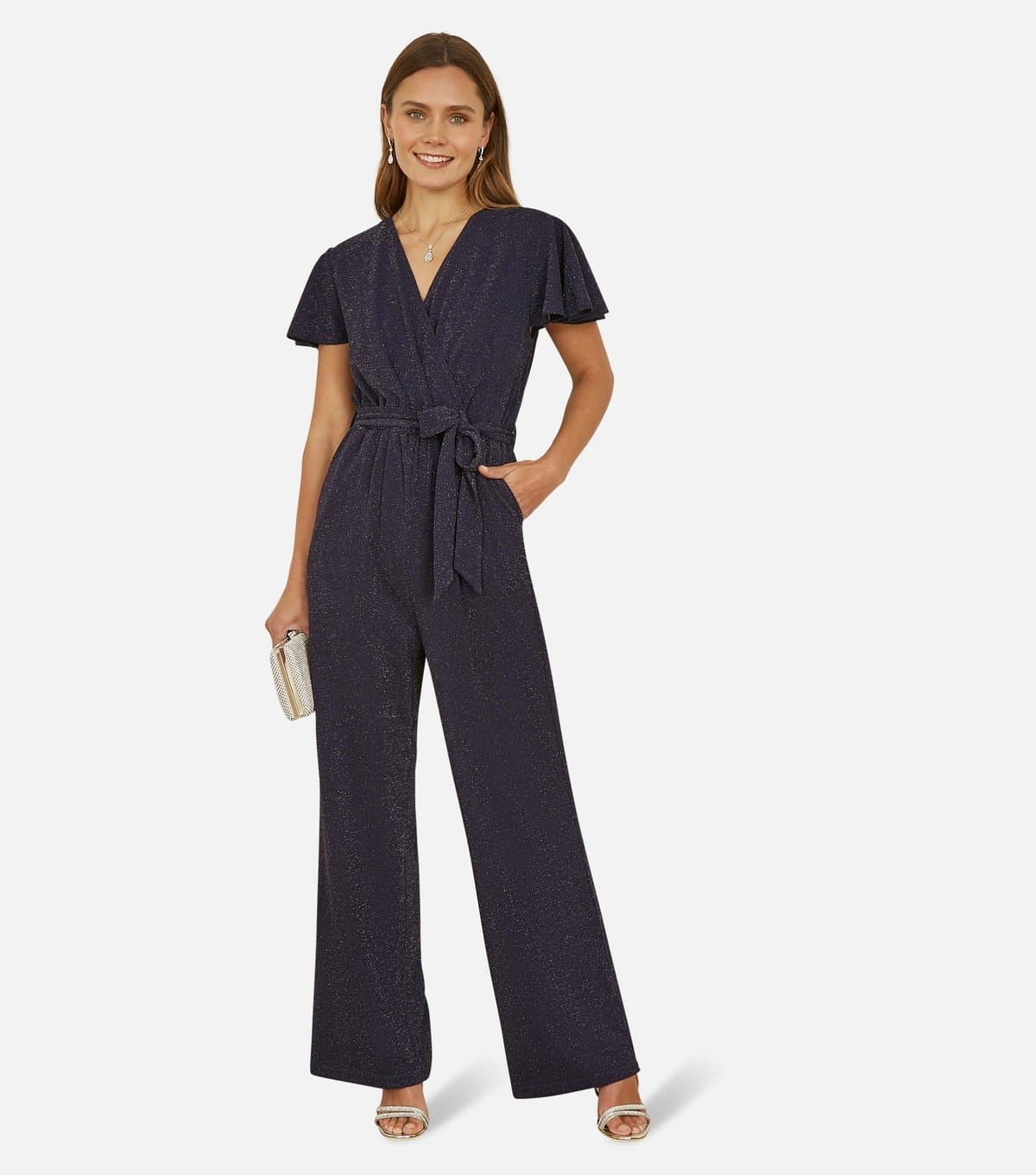 Yumi Women's Navy Belted Sparkle Jumpsuit Yumi New Look