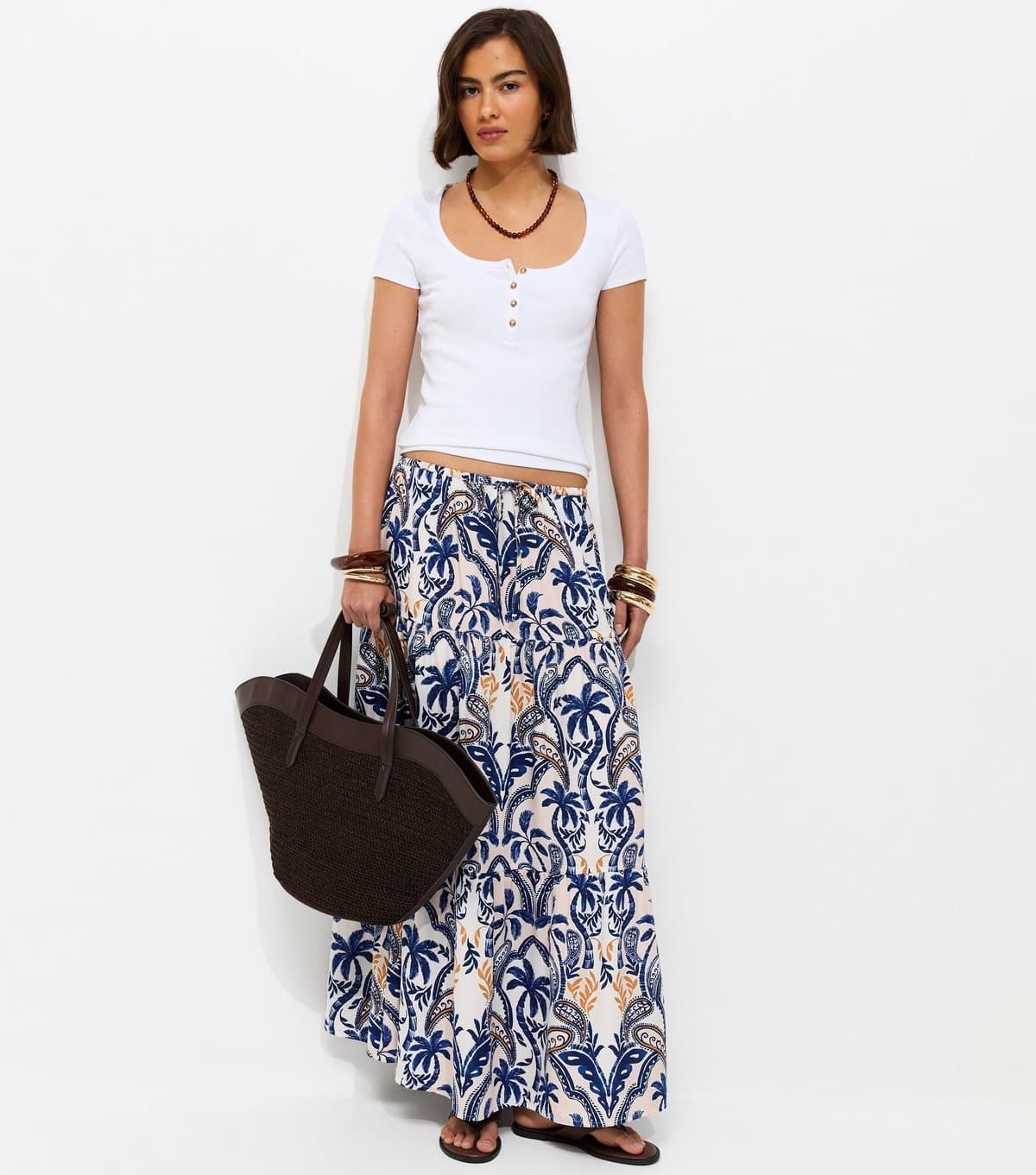 New Look Women's Blue Crepe Palm Tiered Midi Skirt New Look