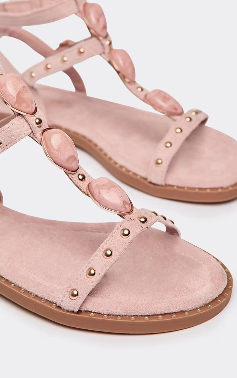 EGO Allira Studded Stone Detail Gladiator Strap Sandal In Pink Faux Suede, Women's Size UK 3 - 1