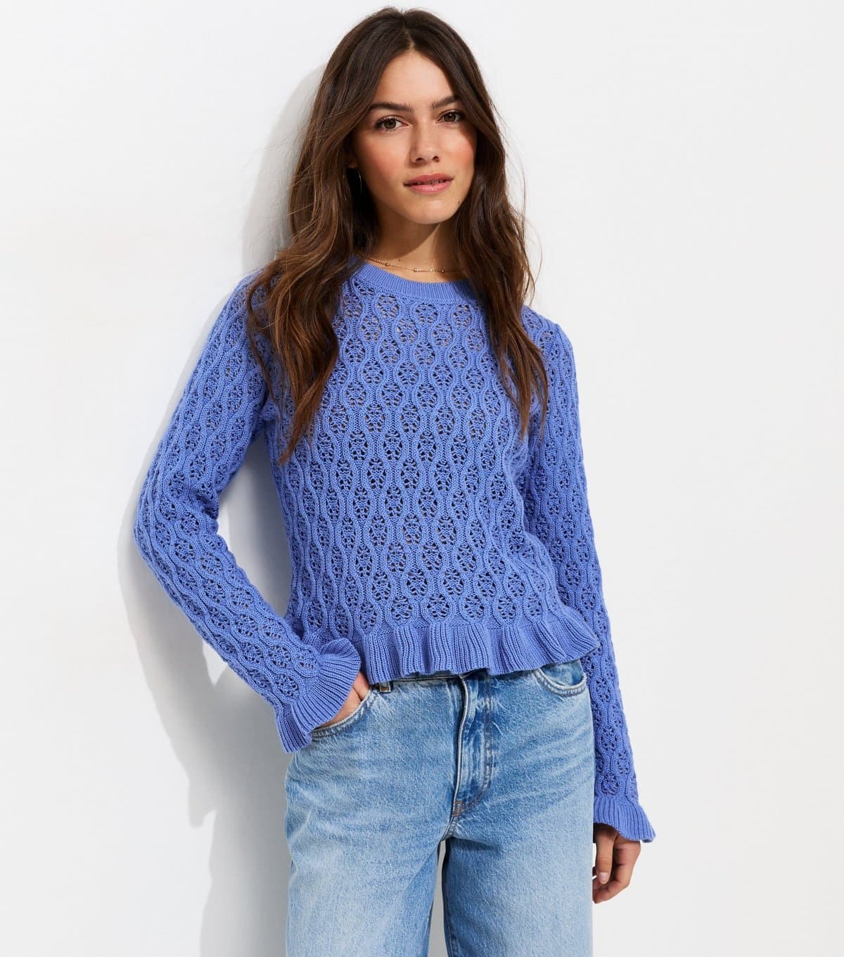 New Look Women's Petite Blue Pointelle Frilly Hem Jumper New Look