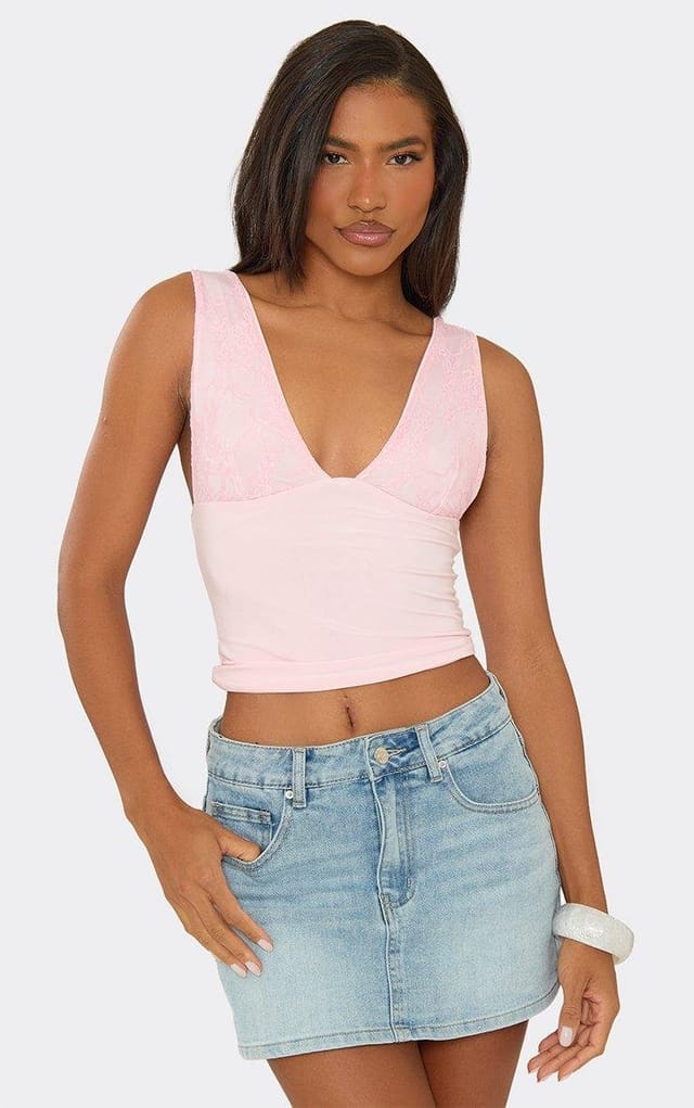 EGO Sleeveless Lace Cup Detail Vest Top In Pink, Women's Size UK 6 - 2