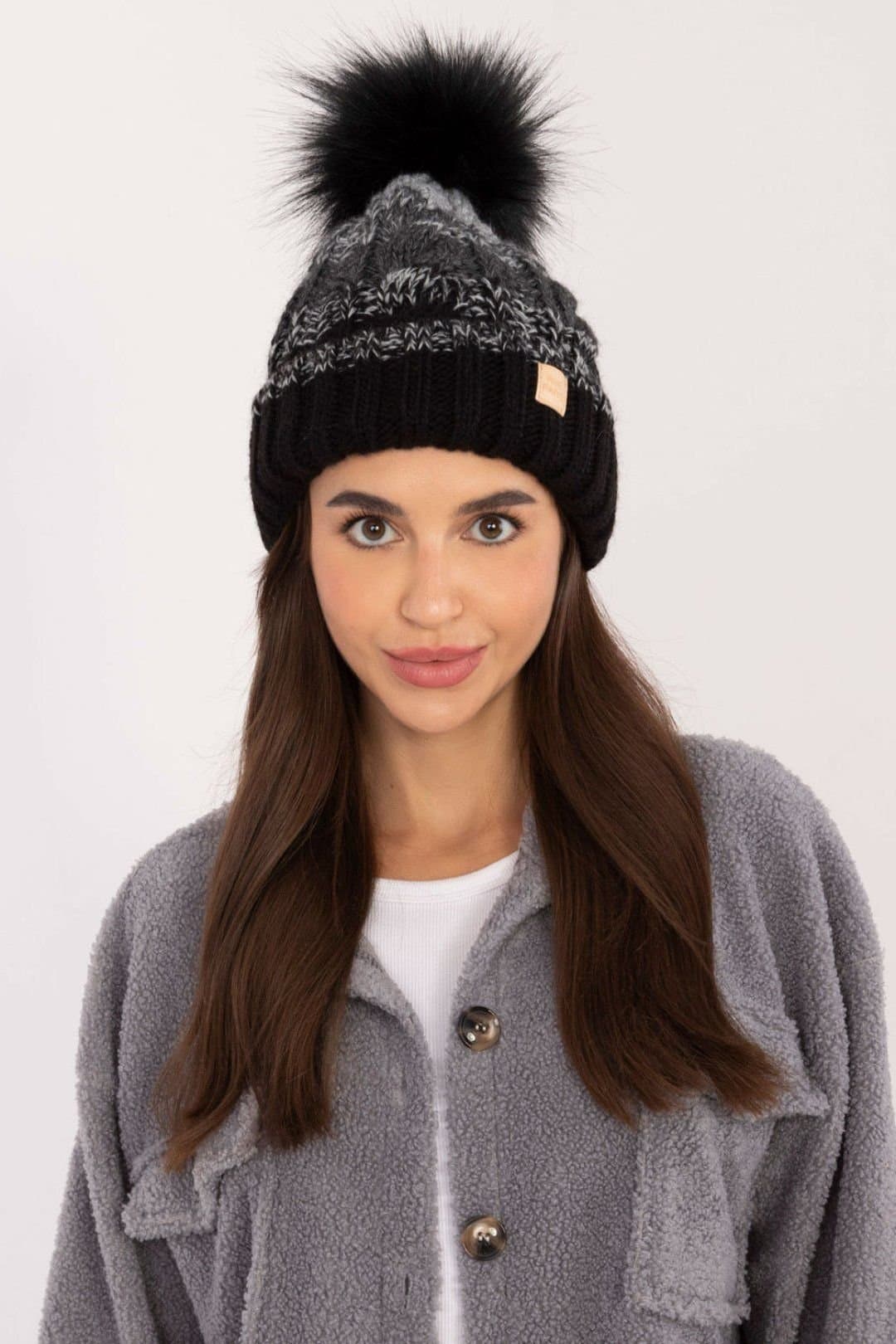 Love Lace Love Lace Black Plaid Fleece Beanie with Pom Pom