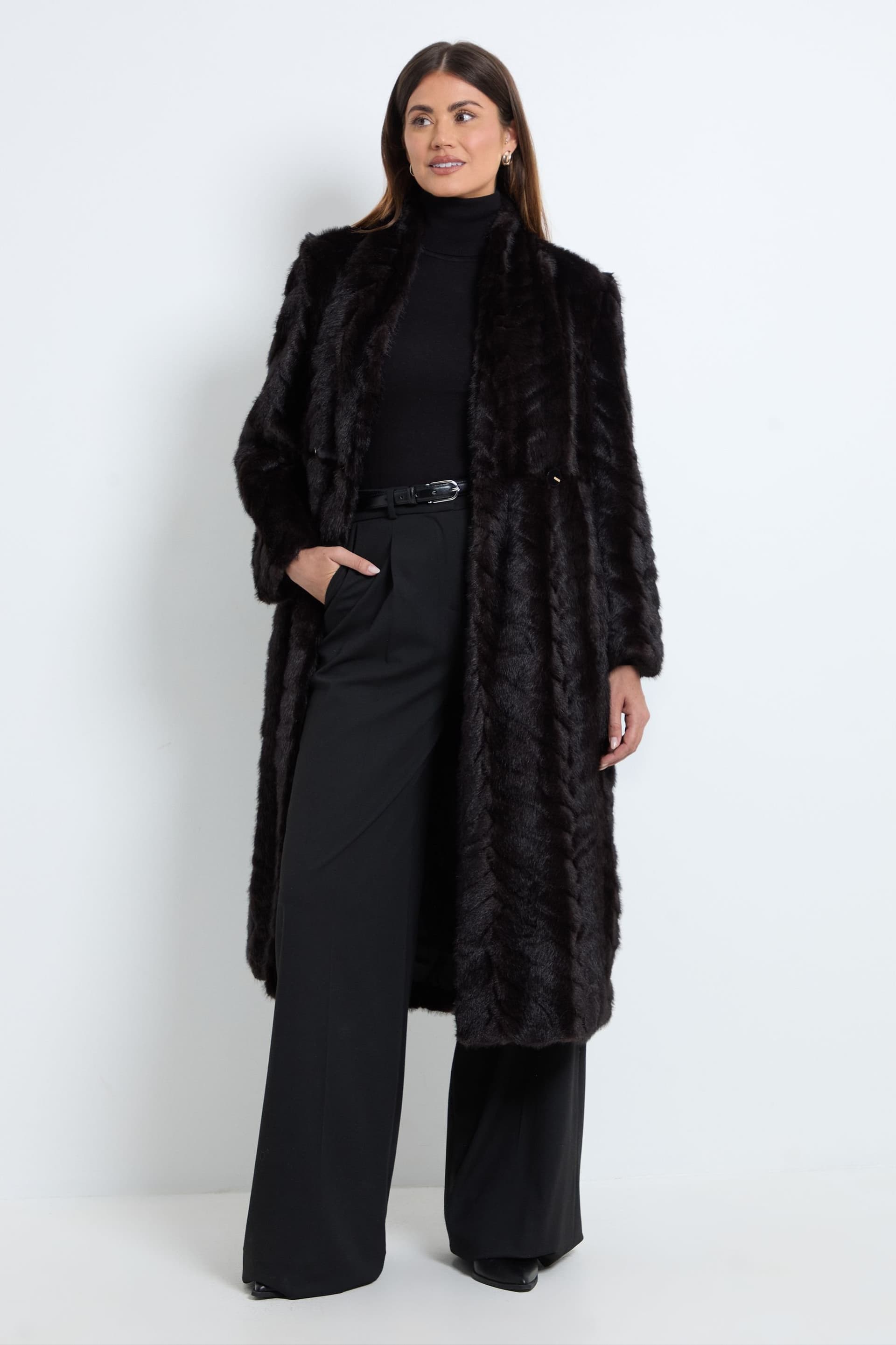 Wallis Wallis Women's Petite Faux Textured Fur Shawl Collar Midi Coat in Chocolate