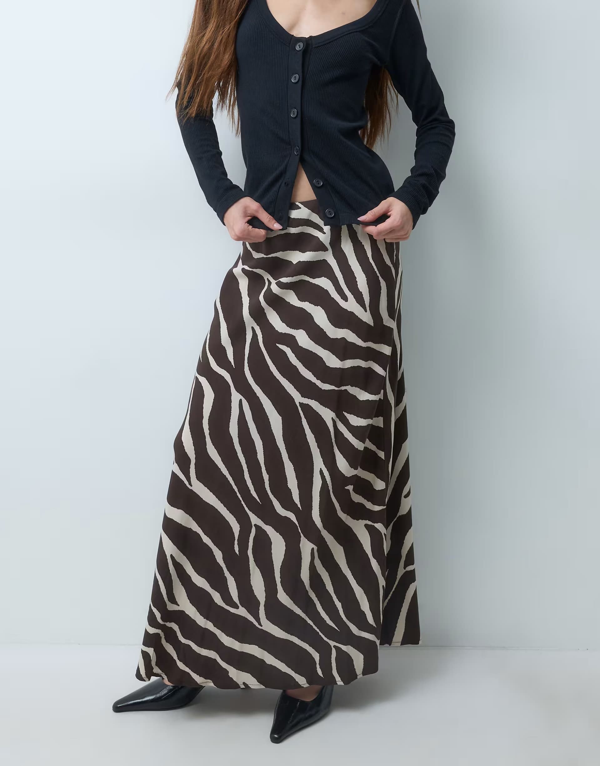 ASOS Vero Moda Petite mid rise satin maxi skirt in chocolate zebra print