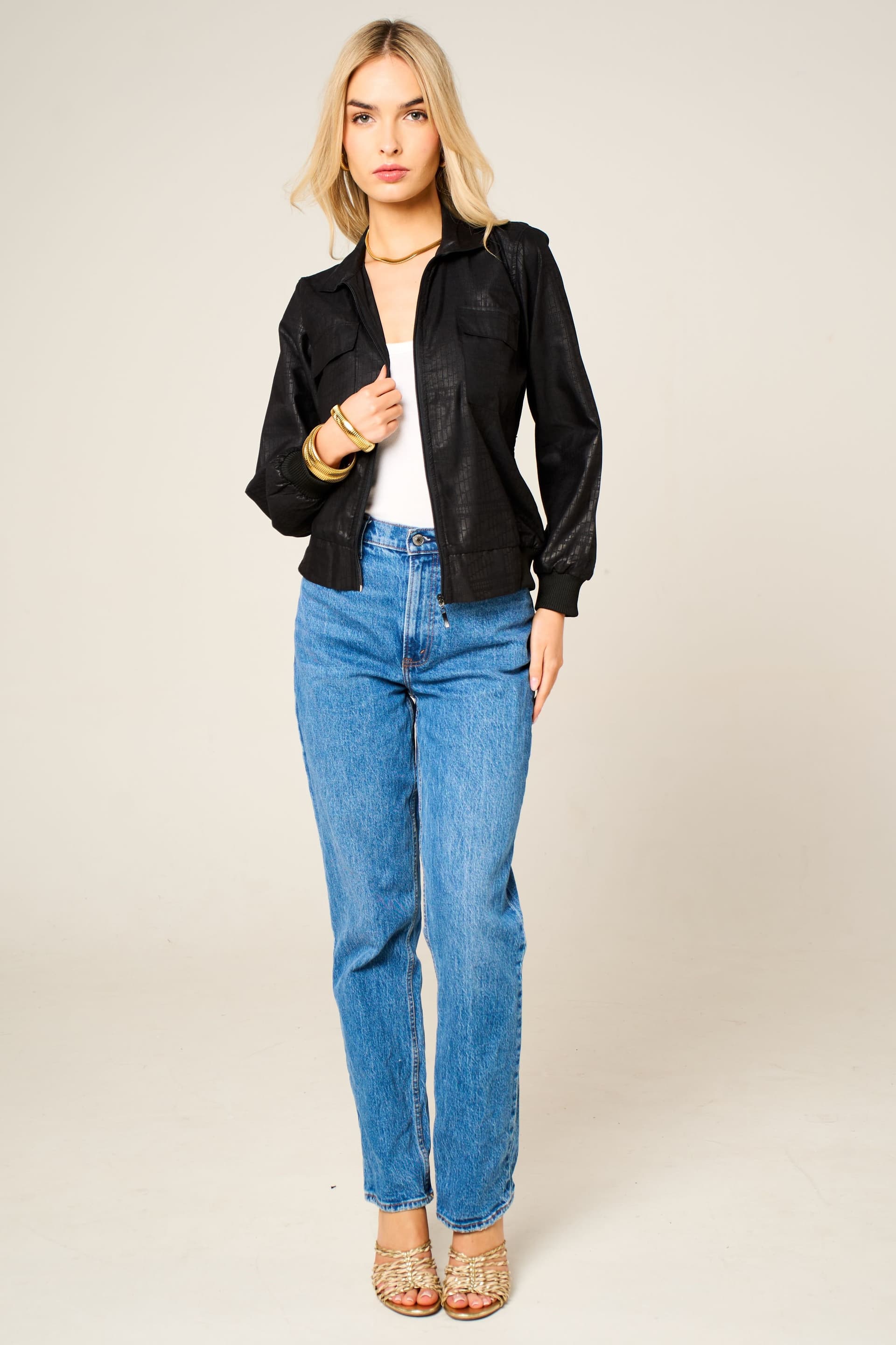Dals Hart Dals Hart Black Textured Bomber Jacket with Ribbed Cuffs