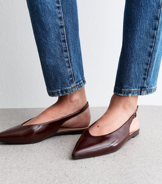New Look Women's Dark Burgundy Faux Leather High Vamp Slingback Ballerina Flats Vegan New Look - 2