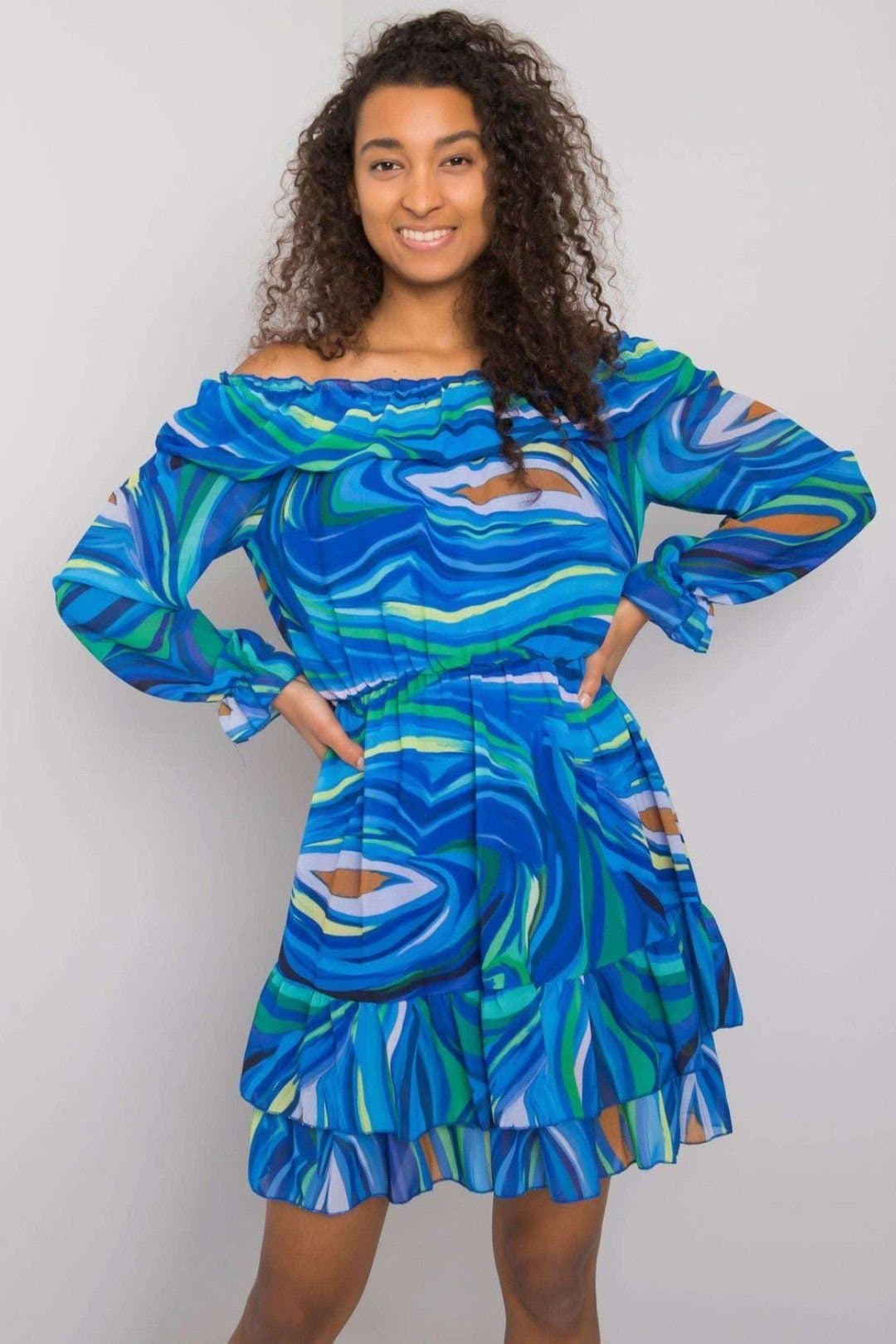 Love Lace Love Lace Women's Long Sleeve Spanish Neck Lined Frilled Dress in Blue