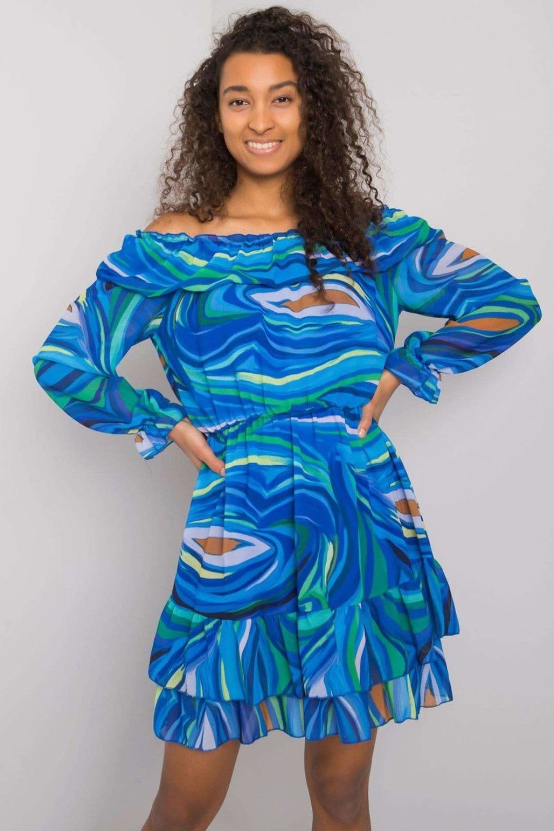 Love Lace Blue Long Sleeve Frilled Dress with Spanish Neckline