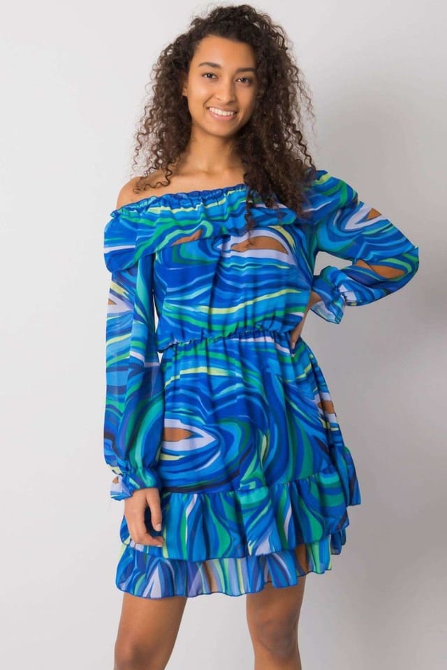 Love Lace Love Lace Women's Long Sleeve Spanish Neck Lined Frilled Dress in Blue - 2