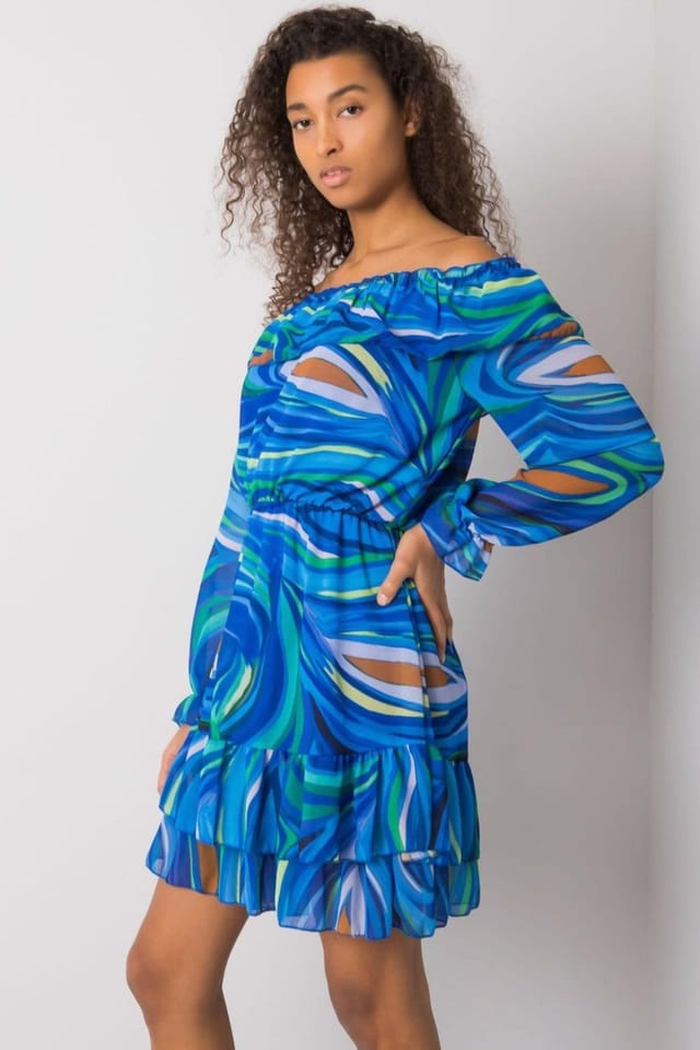 Love Lace Love Lace Women's Long Sleeve Spanish Neck Lined Frilled Dress in Blue - 3