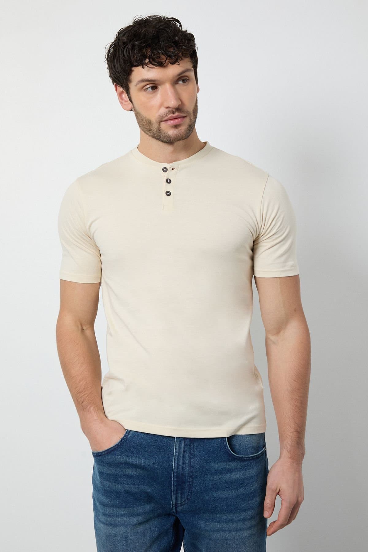 Burton Burton Men's Off White Grandad Neck T-Shirt in Off-White