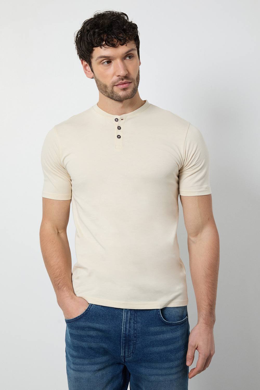 Burton Burton Men's Off White Grandad Neck T-Shirt in Off-White - 2