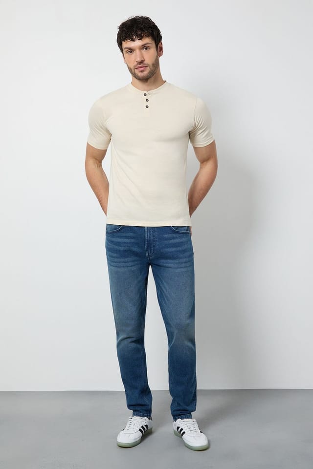 Burton Burton Men's Off White Grandad Neck T-Shirt in Off-White - 2