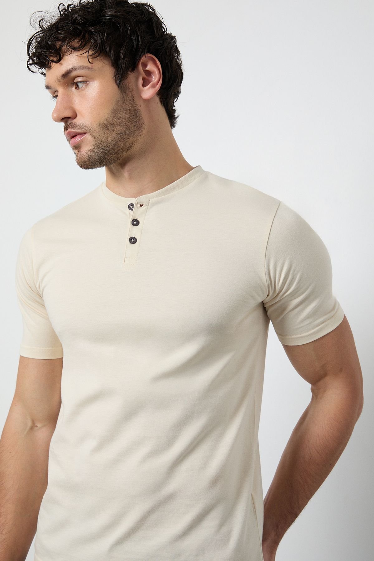 Burton Burton Men's Off White Grandad Neck T-Shirt in Off-White - 4