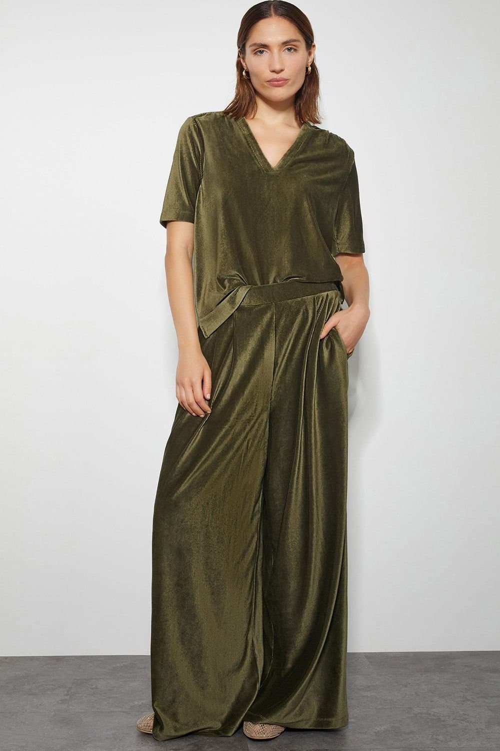 Monsoon Monsoon Women's Shay Rib Velour Wide Leg Trousers Green