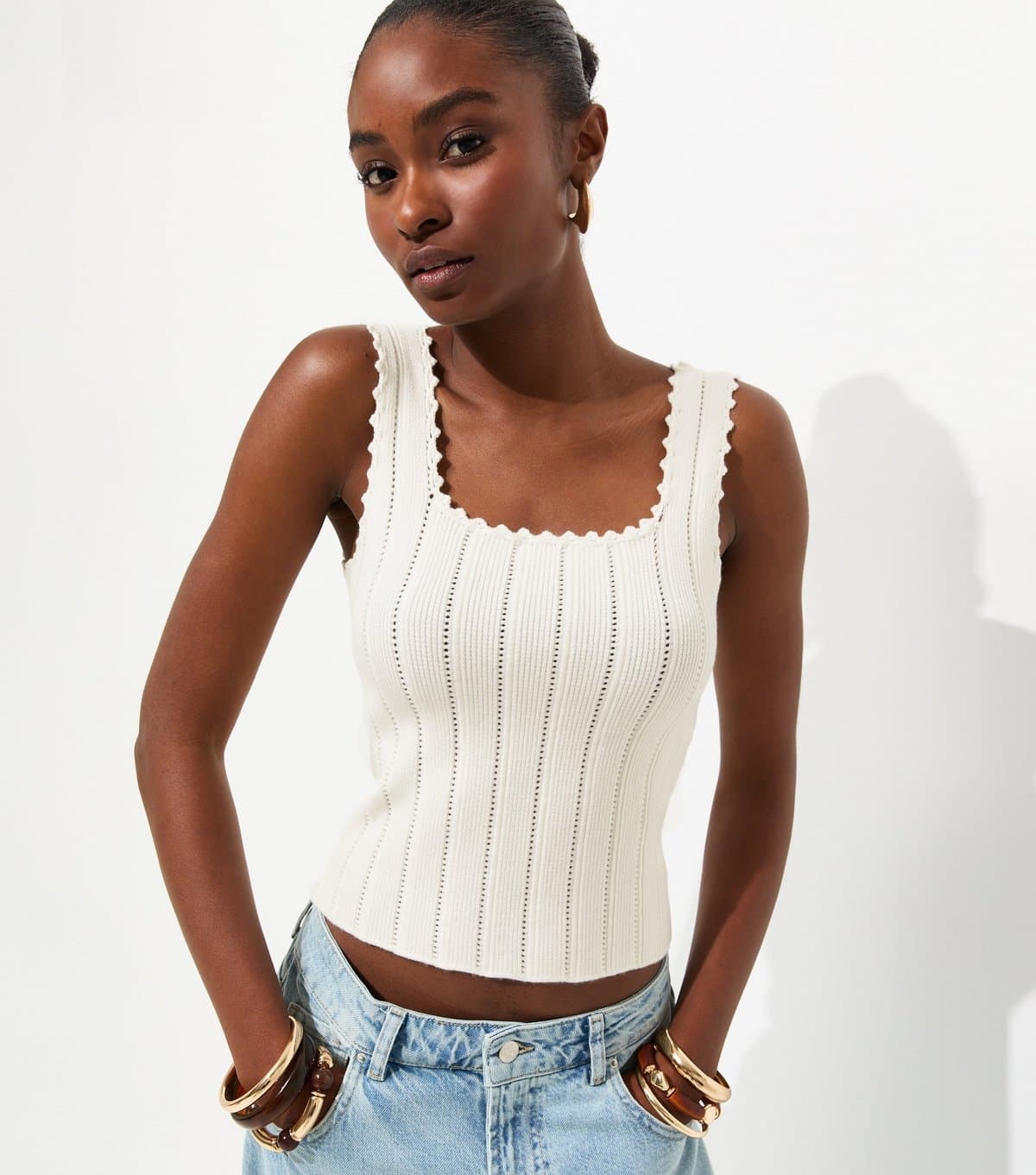 New Look Women's Cream Pointelle Square Neck Vest New Look