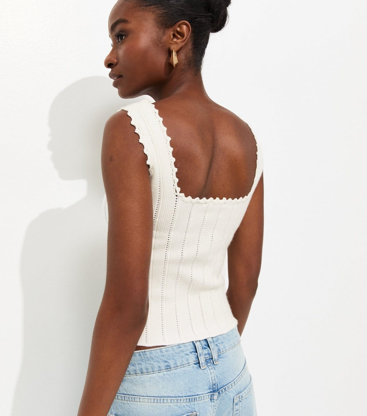 New Look Women's Cream Pointelle Square Neck Vest New Look - 4