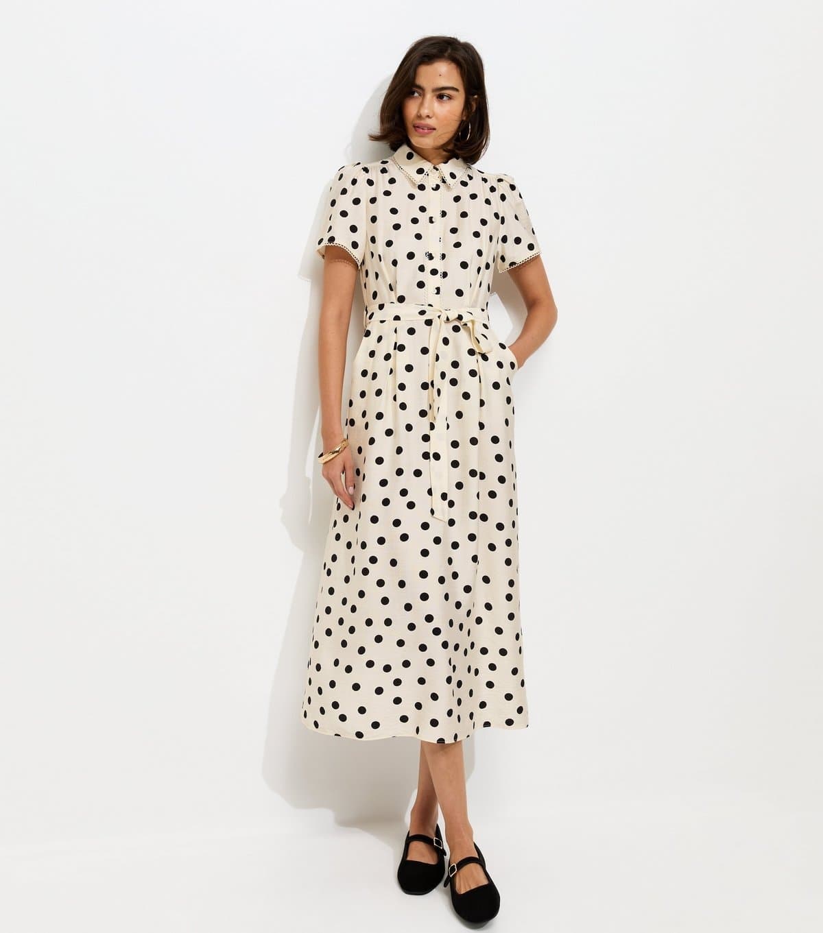 New Look Women's White and Black Frill Trim Polka Dot Shirt Midi Dress New Look