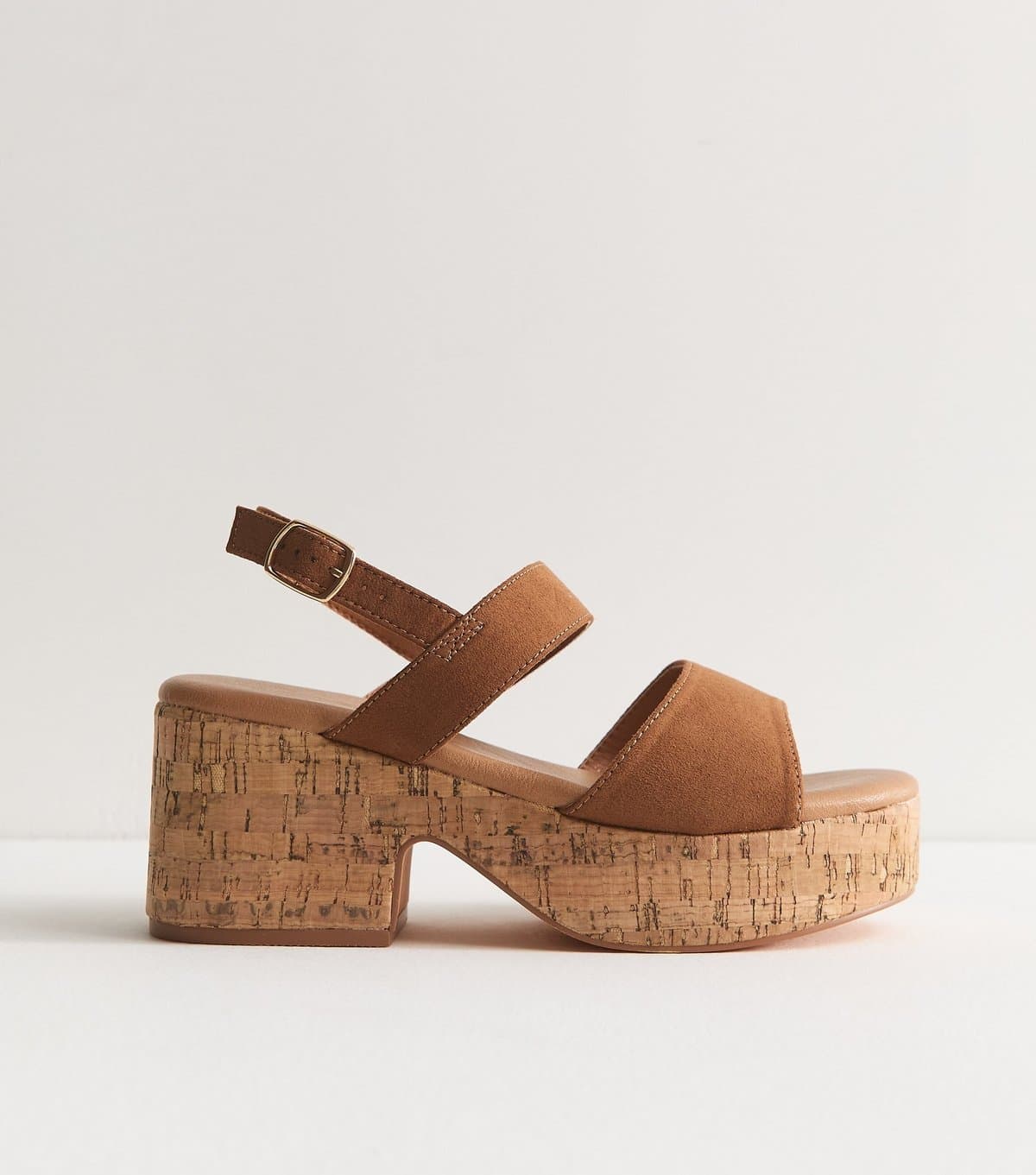 New Look Women's Wide Fit Tan Faux Suede Cork Platform Sandals Vegan New Look