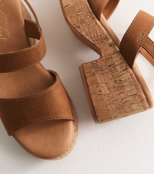 New Look Women's Wide Fit Tan Faux Suede Cork Platform Sandals Vegan New Look - 3