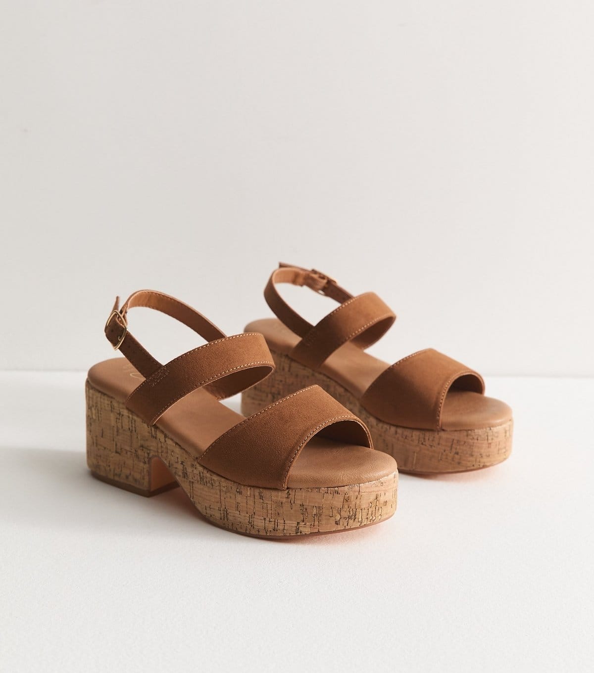 New Look Women's Wide Fit Tan Faux Suede Cork Platform Sandals Vegan New Look - 4