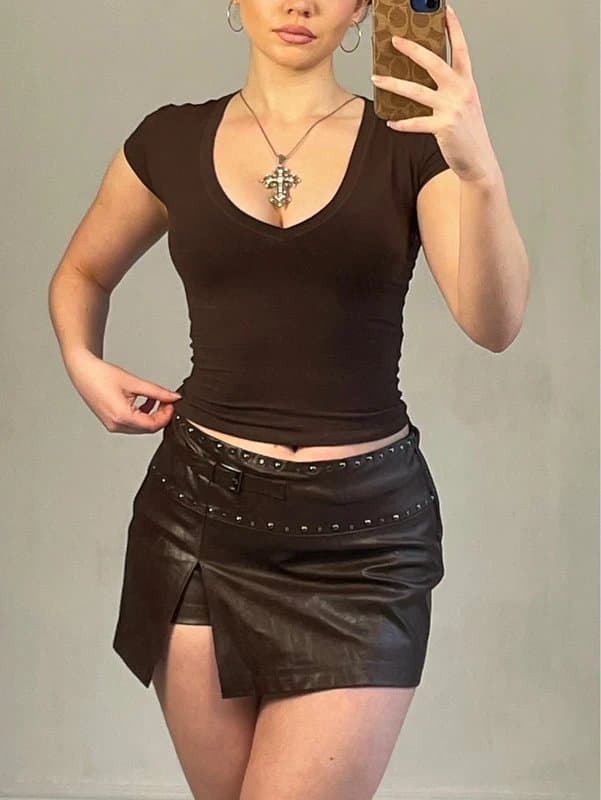 Bershka Bershka brown faux leather studded mini low waisted skirt western vintage grunge