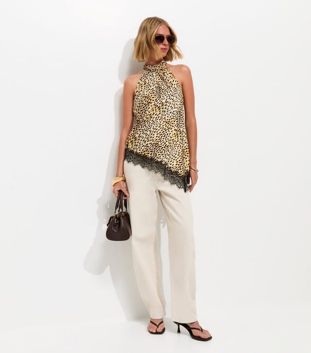 New Look Women's Brown Animal Print Asymmetric Hem Halterneck Top New Look - 3