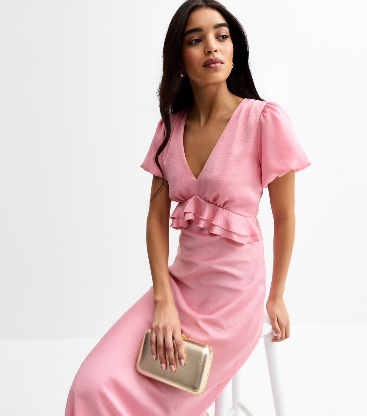 New Look Women's Pink V-Neck Satin Ruffled Midi Dress New Look