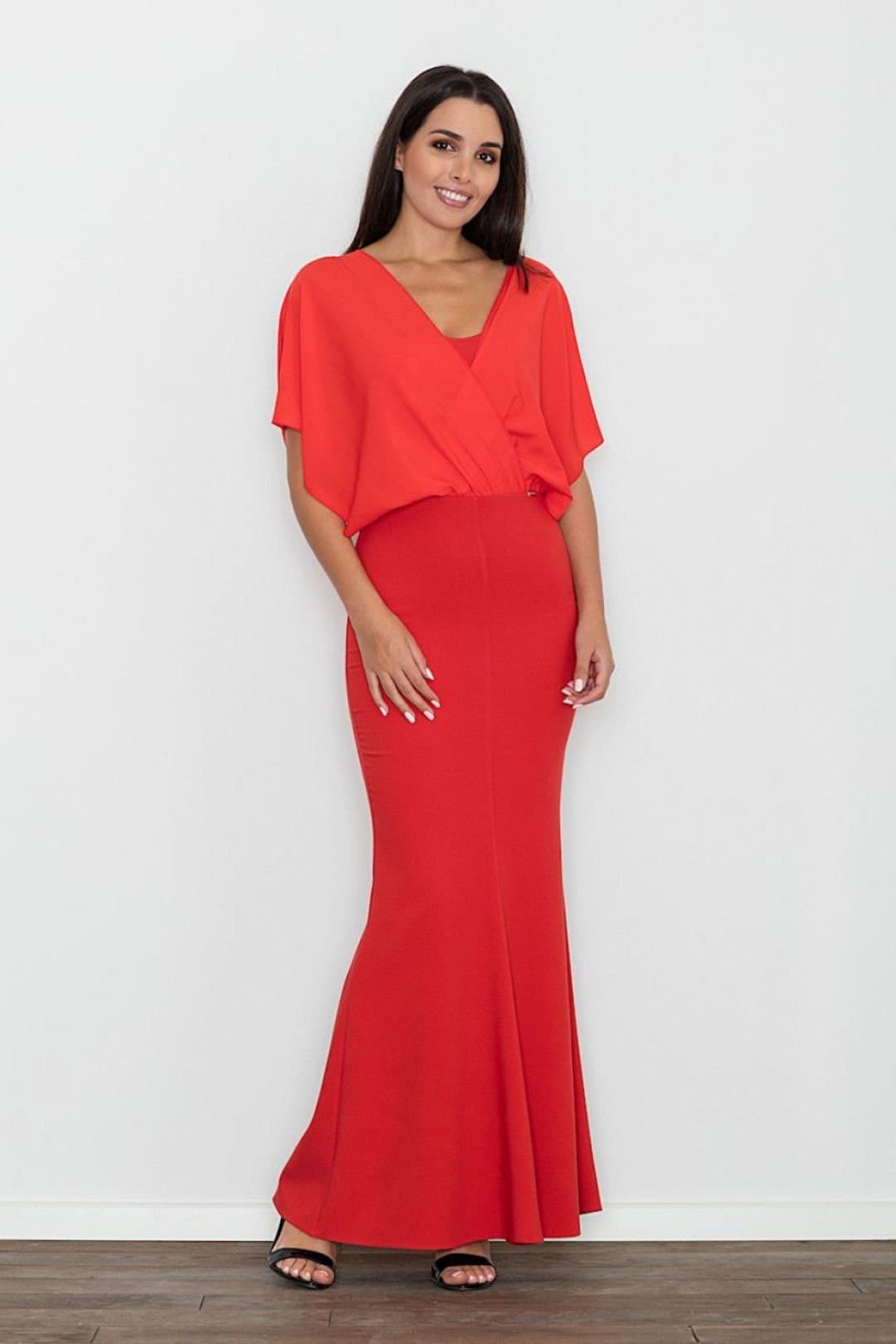 Love Lace Love Lace Women's Elegant Fitted Long Dress with Sheer Overlay Style 111036 in Red