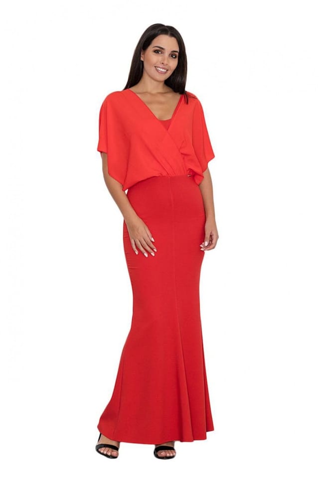 Love Lace Love Lace Women's Elegant Fitted Long Dress with Sheer Overlay Style 111036 in Red - 2