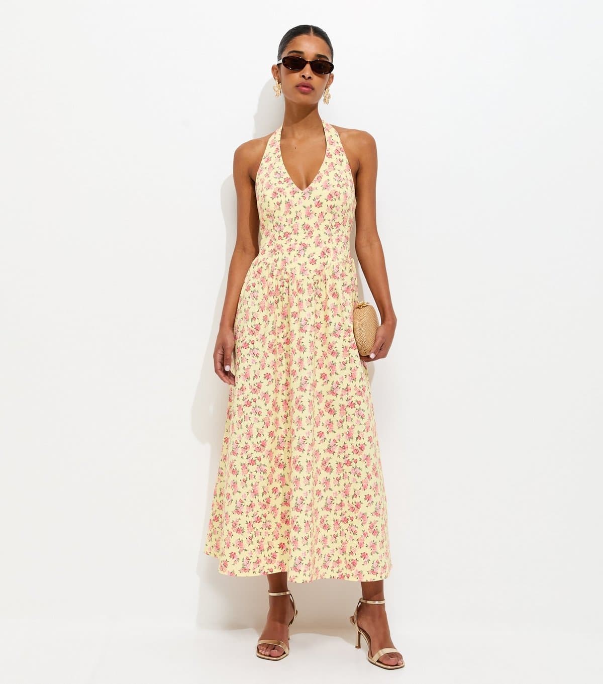 New Look Women's Yellow Floral Print Halter Neck Midi Dress New Look