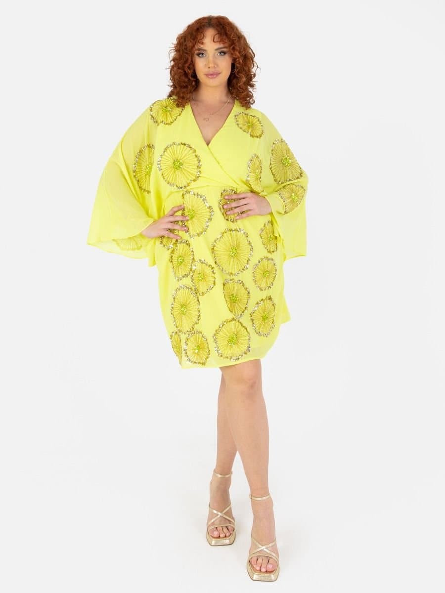 Maya Deluxe Maya Deluxe Women's Cape Sleeve Mini Dress in Yellow