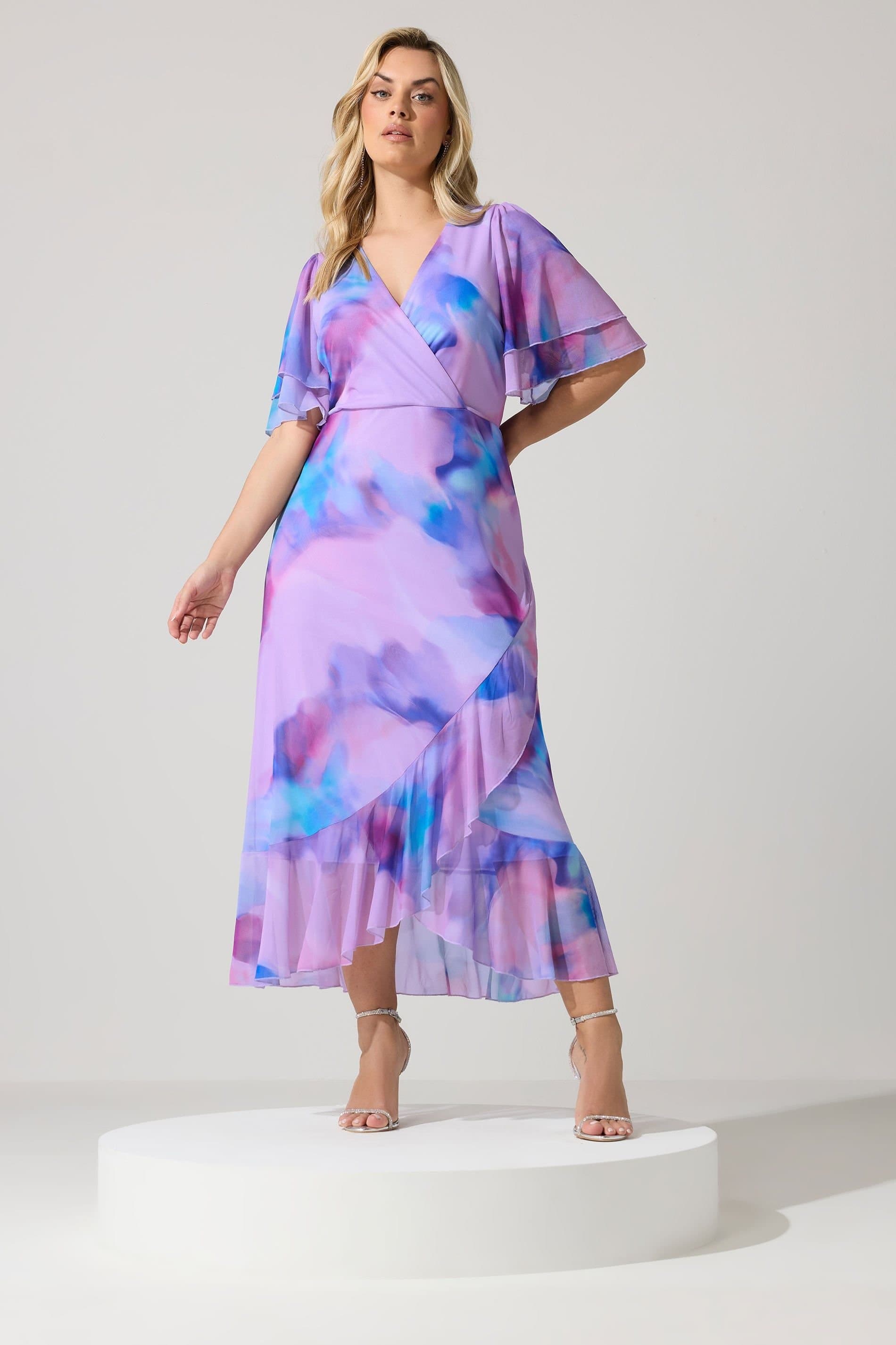Yours Yours Women's Abstract Wrap Ruffle Hem Dress in Lilac