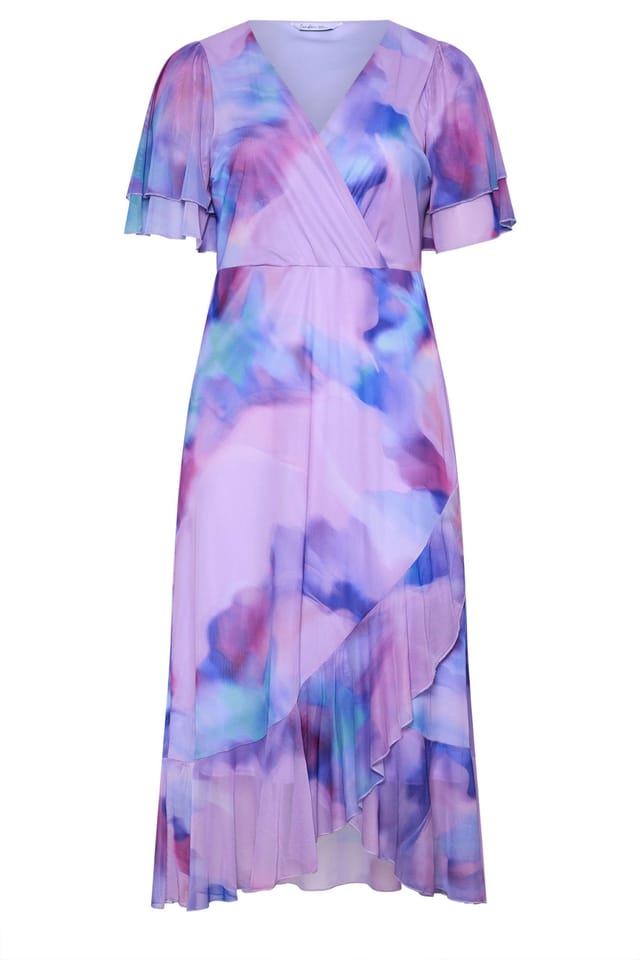 Yours Yours Women's Abstract Wrap Ruffle Hem Dress in Lilac - 2