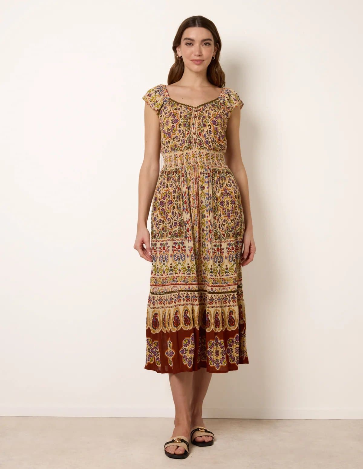 Blue Vanilla V Neck Embroidery Trim Paisley Maxi Dress