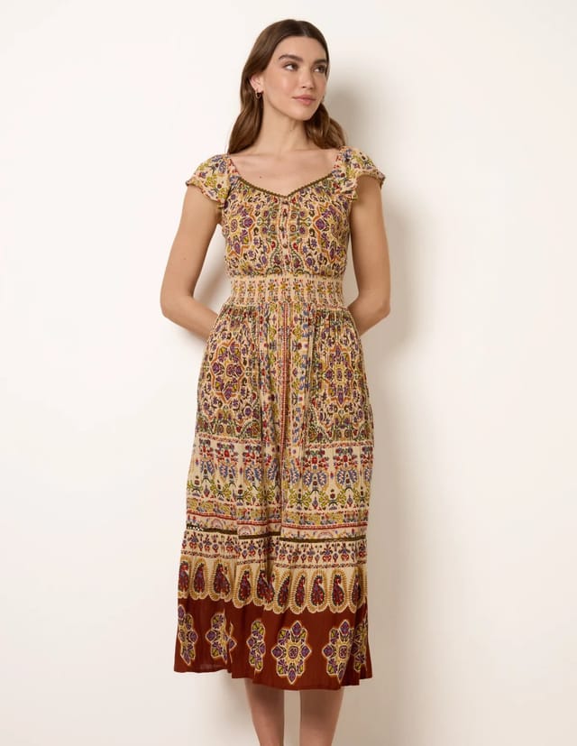 Blue Vanilla V Neck Embroidery Trim Paisley Maxi Dress - 2