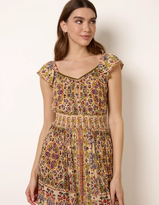 Blue Vanilla V Neck Embroidery Trim Paisley Maxi Dress - 3