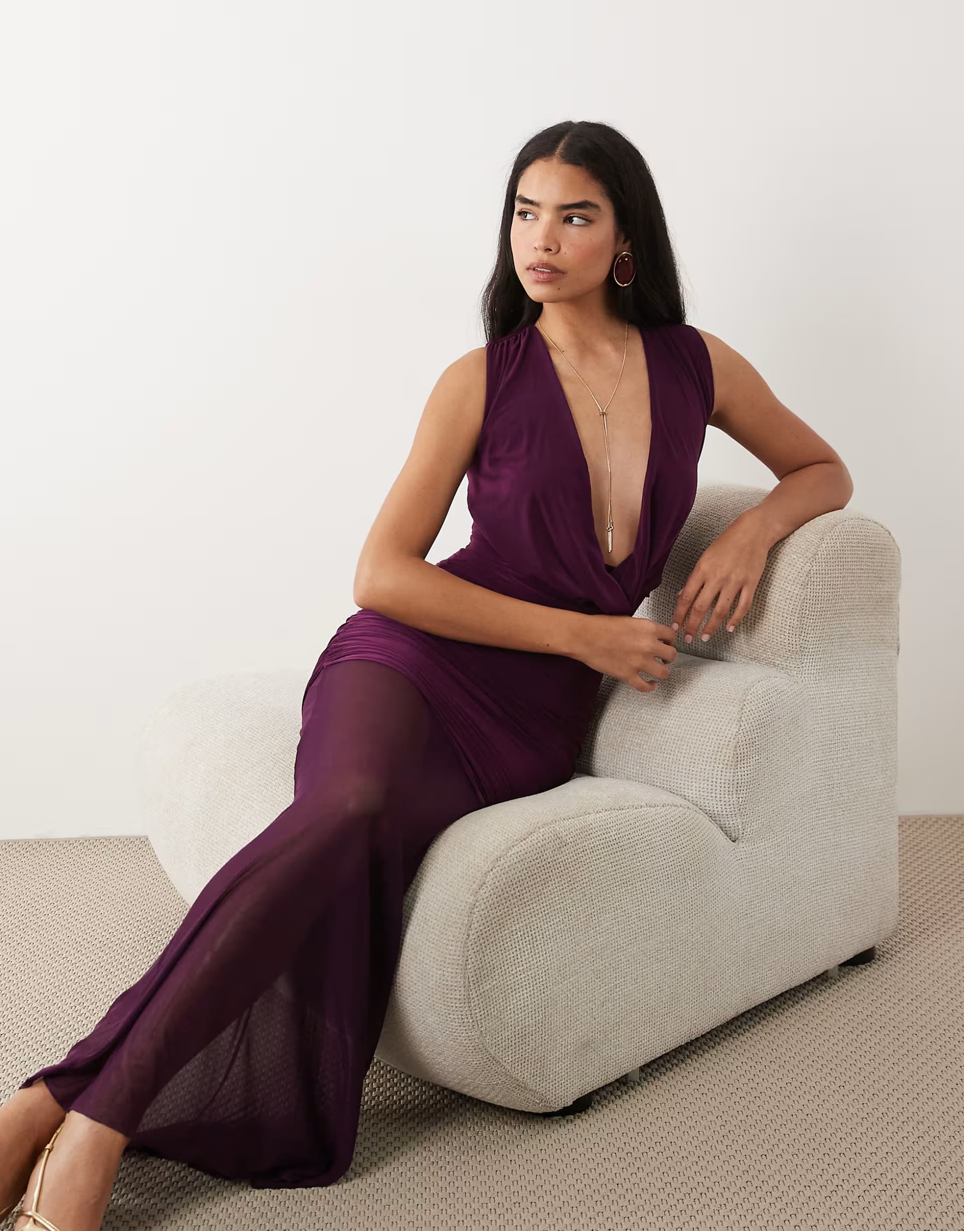 ASOS Kaiia exclusive double layered slinky extreme cowl sheer hem maxi dress in plum