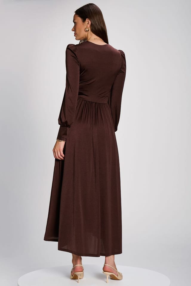 Jolie Moi Jolie Moi Women's Long Sleeve Slinky Jersey Maxi Dress in Brown - 2