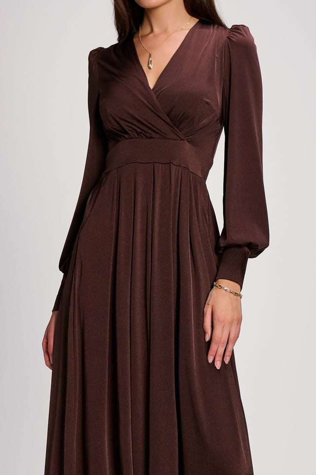 Jolie Moi Jolie Moi Women's Long Sleeve Slinky Jersey Maxi Dress in Brown - 3