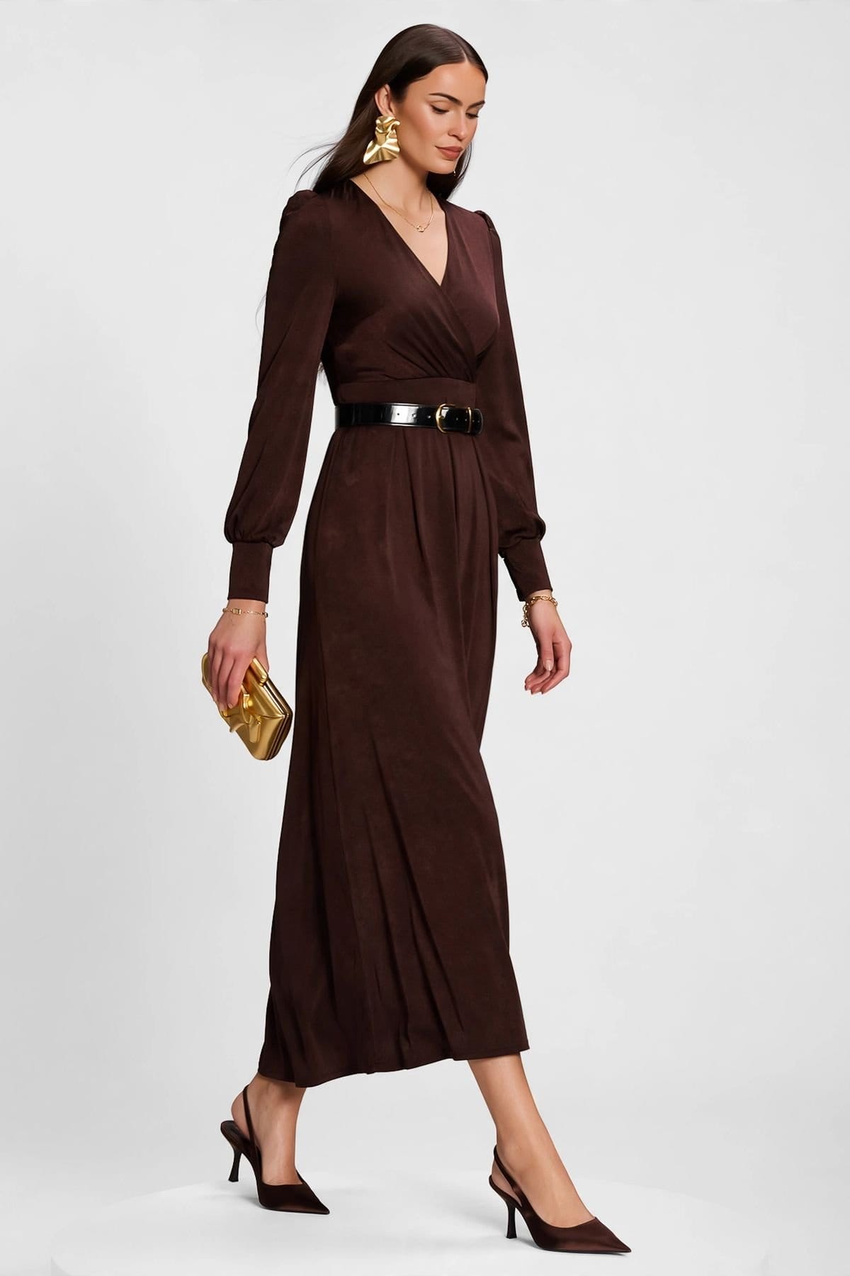 Jolie Moi Jolie Moi Women's Long Sleeve Slinky Jersey Maxi Dress in Brown - 4